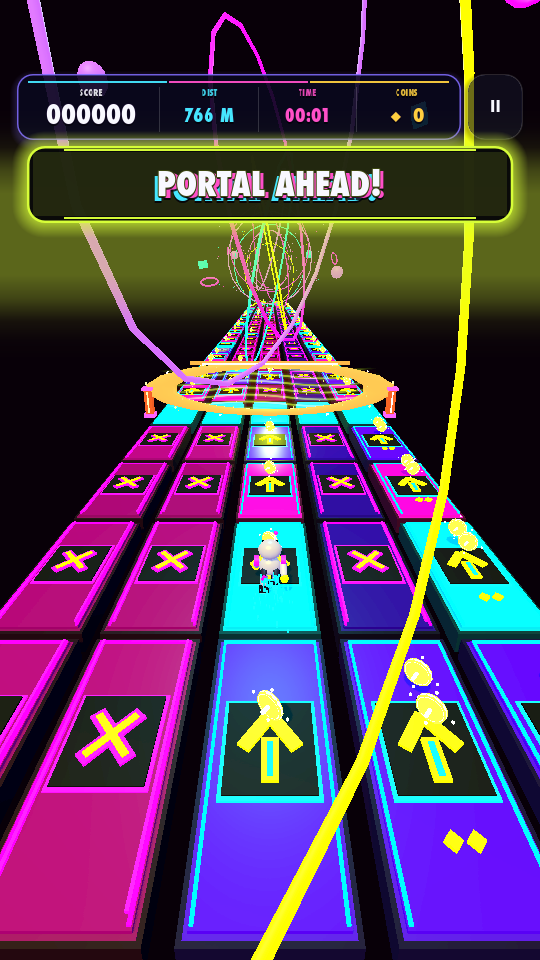 Portal Rush gameplay showing five neon lanes and a Portal Ahead alert