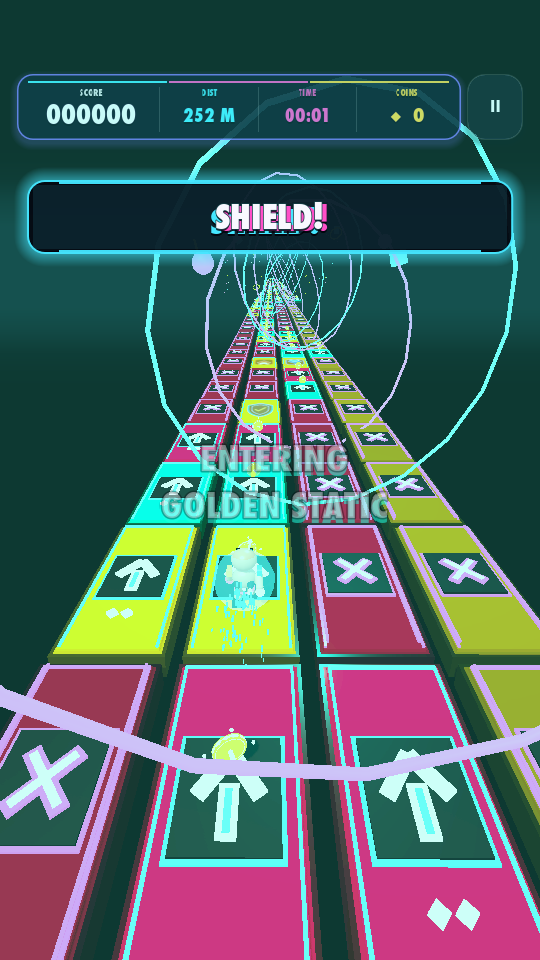 Portal Rush runner protected by a shield power-up on a colourful track